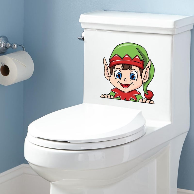 Iprokiu Christmas Toilet Sticker Funny Christmas Santa Claus Snowman Elf Toilet Seat Cover Decoration Waterproof Toilet Seat Lid Decal Bathroom Wall Sticker (Long Hat Elf) - Image 2